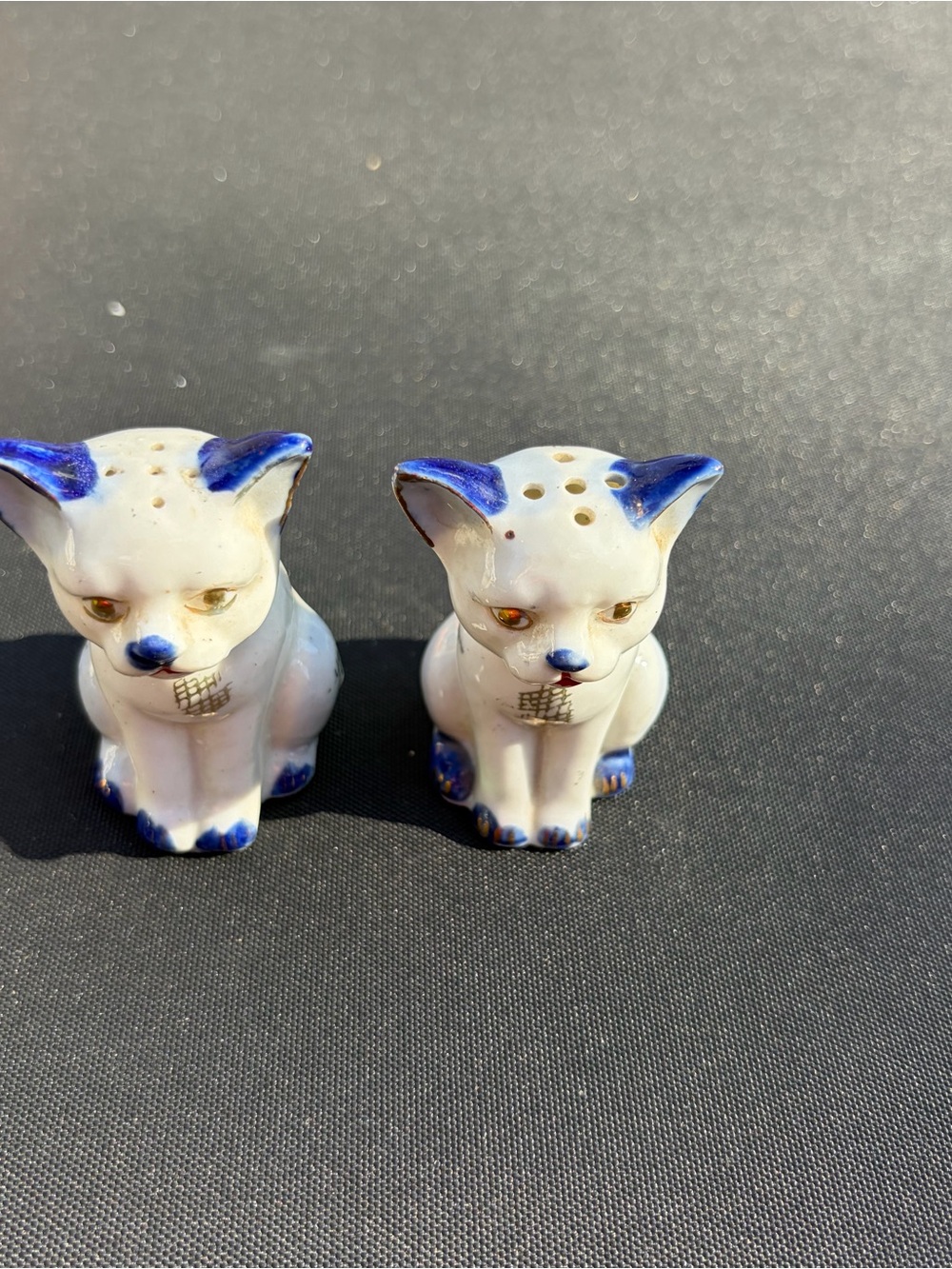 Porcelain cat Salt and Pepper Shaker Set in White and Blue